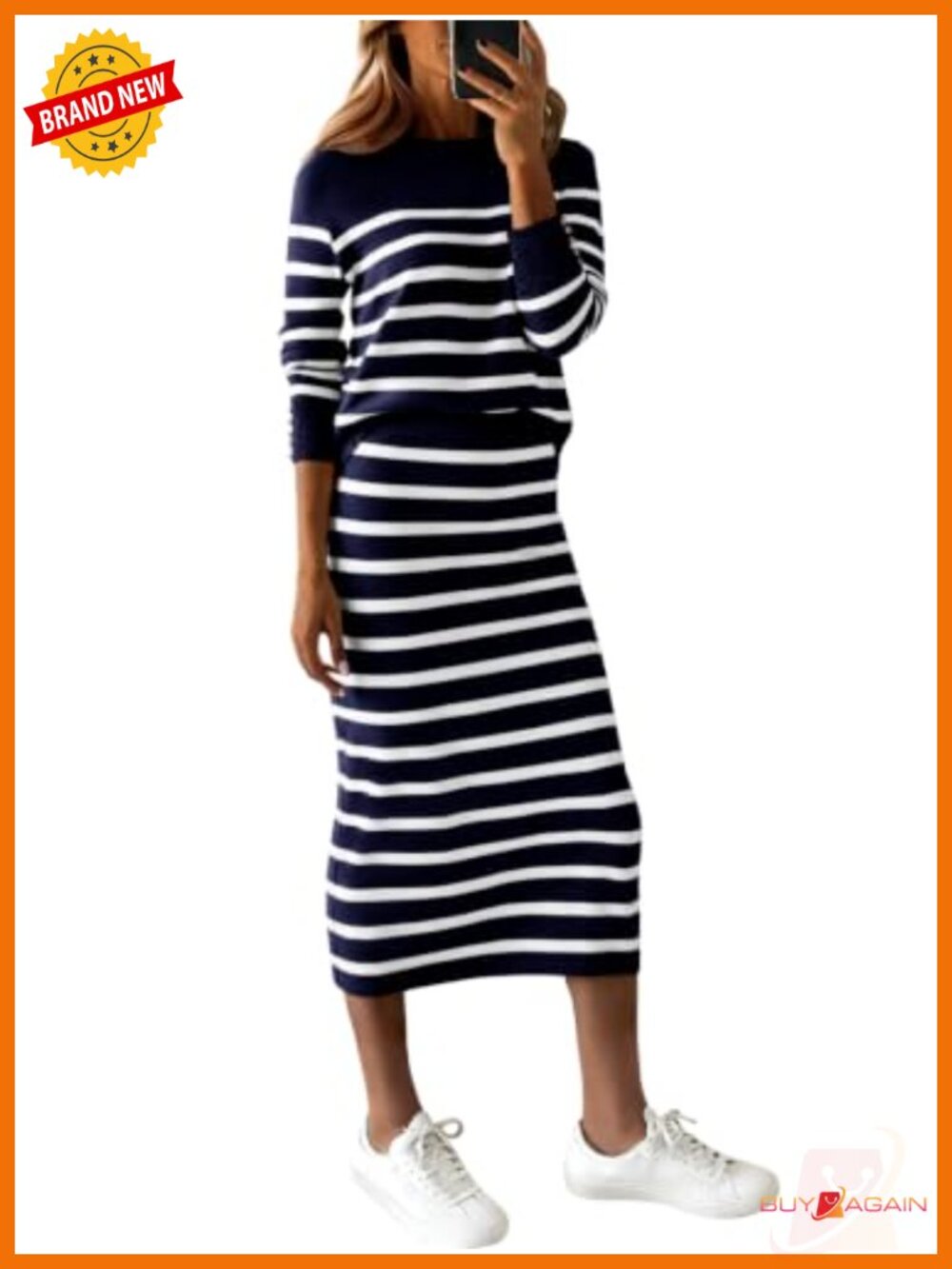 Two Piece Knit Skirt Set Striped Long Sleeve Pullover Top Midi Skirt Casual